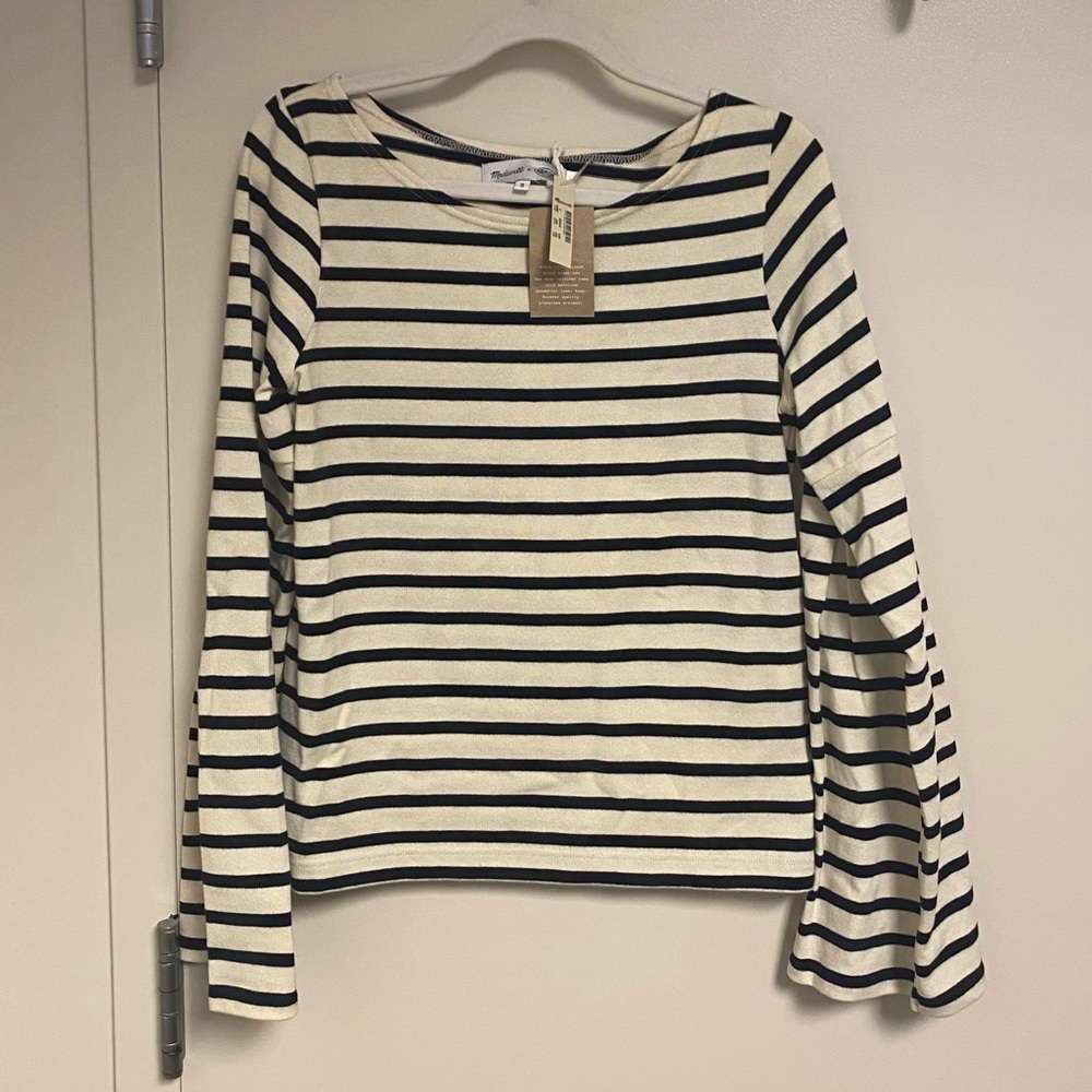NWT Madewell x Armor Lux black & white striped flare-sleeve top, size S